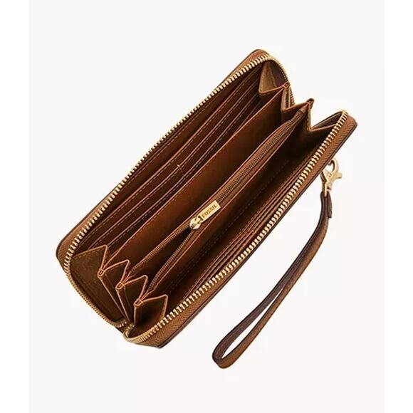 Fossil Logan Brown Leather RFID Zip Around Clutch With Detachable Wrist Strap - Picture 7 of 11